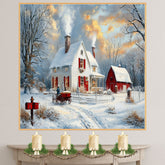 Cozy Winter Painting of Snowy White House with Red Barn, Horse Wagon, and Glowing Lights at Sunset in Countryside on Ready to Hang 1.5" Thick Canvas Wrap, Floating Framed Canvas, Flat Rolled Canvas